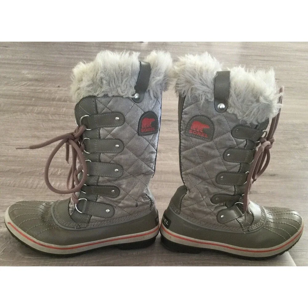SOREL Tofino Organza Snow Boots Gray Silver Faux Fur Kettle/Orange Sz. 6